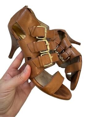 Michael Kors Tan Leather Strappy Buckle Kitten Heels Womens 6.5 Y2K Dressy